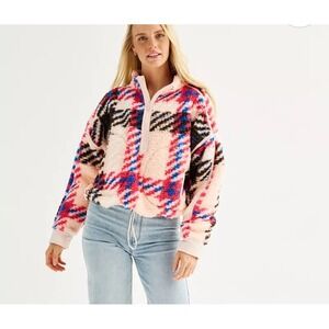 SO Pile High Quarter Zip Sherpa Jacket Women's Large Pink Plaid NWT